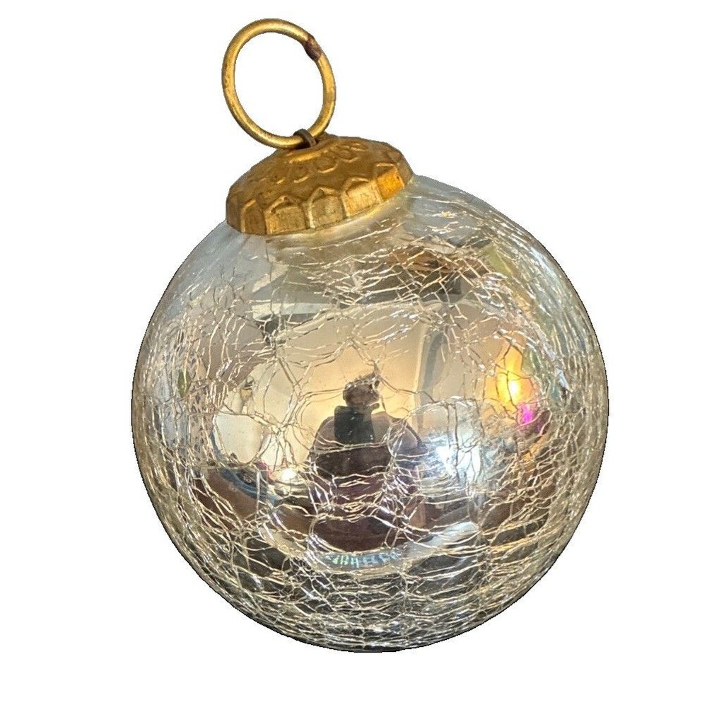 Vtg Crackle Glass Mercury Christmas Ornament Large Silver & Gold Kugel Style